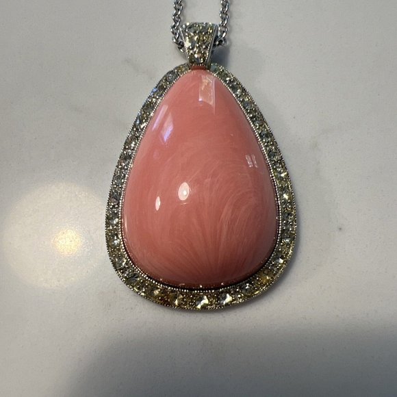 Vintage Avon Silver Necklace Pink Marble Stone Rhinestones Pendant Statement - Picture 2 of 4
